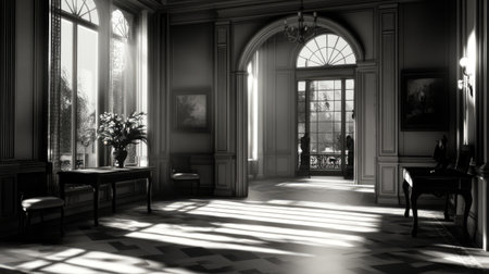 Monochrome image of an elegant interior showcasing sunlight and shadows through large windows, emphasizing classic decor and tranquil ambiance.の素材