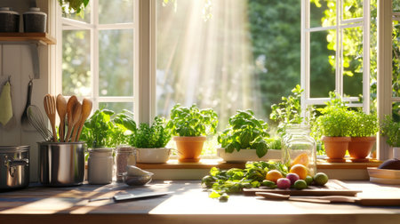 A warm and inviting kitchen scene featuring fresh herbs and colorful fruits. Sunlight streams through the window, illuminating the vibrant greenery and creating a cozy atmosphere. Perfect for showcasing healthy cooking inspiration.の素材