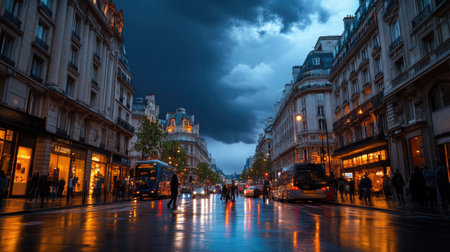 A dramatic urban scene captures a busy street under dark stormy clouds, showcasing reflections in the wet pavement and vibrant city lights as people navigate the evening ambiance.の素材