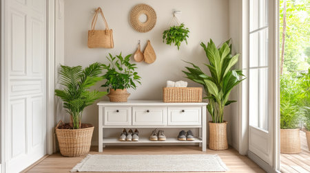 Discover a cozy entryway featuring lush plants and natural decor, creating a warm and inviting atmosphere for any home. Perfect for modern interiors.の素材