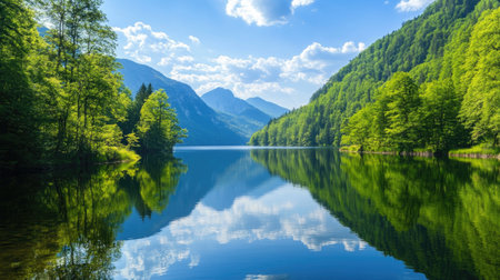 Discover the serene beauty of a tranquil lake, framed by lush green mountains and bright blue skies. A perfect nature escape for relaxation and adventure.の素材