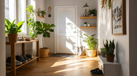 A bright and inviting entryway featuring lush plants, natural light, and modern decor. This serene space combines warmth and style, perfect for welcoming guests.の素材