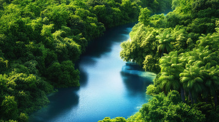 A breathtaking view of a serene river winding through dense green forests, capturing the beauty of nature's tranquility and vibrant ecosystem.の素材