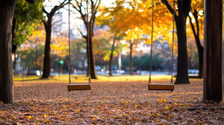 A serene park scene featuring empty swings surrounded by vibrant autumn leaves. The warm sunlight filters through the trees, creating a peaceful atmosphere.の素材