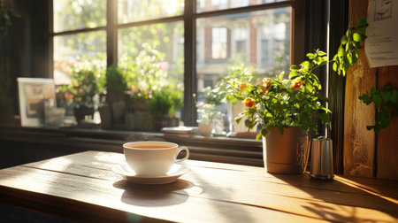 A peaceful morning scene featuring a coffee cup on a wooden table with sunlight streaming through the window, highlighting vibrant green plants for a cozy atmosphere.の素材