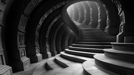 A captivating spiral staircase set in a dark architectural space, featuring intricate stone details, soft lighting, and mysterious shadows, creating a serene atmosphere.の素材