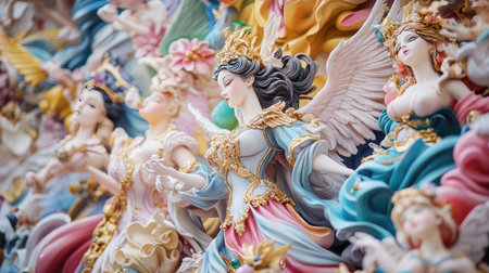 Explore a captivating array of colorful sculptures depicting mythical figures, showcasing intricate craftsmanship and vibrant designs that inspire wonder.の素材