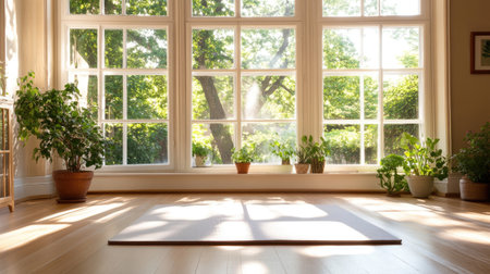 A bright and serene indoor space featuring a yoga mat on a hardwood floor, surrounded by lush plants and large windows bringing in natural light. Perfect for relaxation and wellness activities.の素材