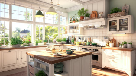 A beautifully designed kitchen filled with natural light, greenery, and elegant decor. Perfect for inspiring cooking moments and a warm home environment.の素材