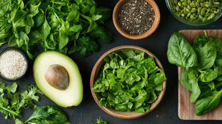 A vibrant arrangement of fresh green ingredients perfect for healthy salads. Features avocado, leafy greens, seeds, and spices. Ideal for nutrition-focused cooking.の素材