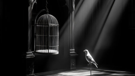 A serene black and white composition featuring a birdcage and a bird illuminated by soft rays of light, evoking feelings of solitude and freedom.の素材