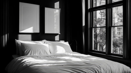 A serene bedroom featuring soft bedding and large windows. The interplay of natural light and shadows creates a calming atmosphere, perfect for relaxation.の素材