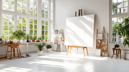 A bright and spacious art studio featuring an empty canvas, an easel, and an abundance of natural light streaming through large windows, creating an inspiring environment for creativity.の素材