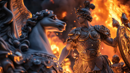 A striking scene of a majestic warrior figure in ornate armor interacting with a powerful horse amidst a backdrop of vivid flames and fiery sparks.の素材