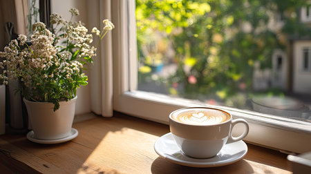 A warm coffee cup with latte art rests on a wooden table by a sunlit window. A small flower pot adds greenery, creating a cozy and inviting atmosphere.の素材