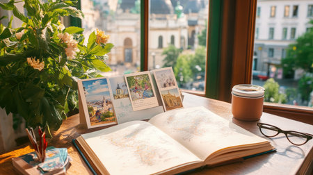A cozy workspace showcasing a travel journal open to a world map, surrounded by postcards and a warm cup of coffee, creating a peaceful ambiance.の素材