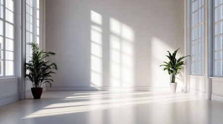 This image features a bright and minimalist interior space, showcasing large windows that allow natural light and soft shadows. Two potted plants add a touch of greenery to the serene environment, perfect for relaxation.の素材