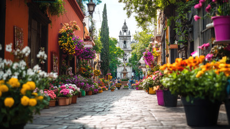 A picturesque street adorned with colorful flowers and greenery, offering a stunning view of historic architecture. Perfect for nature and travel themes.の素材