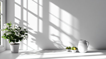 A serene interior scene showcasing a plant and a bowl of fresh fruits on a white table. The interplay of light and shadow creates a tranquil atmosphere.の素材