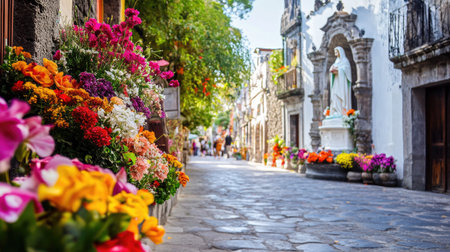 A charming cobblestone street adorned with vibrant flowers and a serene statue, reflecting the beauty of nature and culture in this picturesque location.の素材