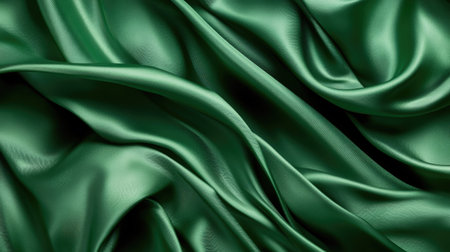 A close-up of smooth green satin fabric showcasing rich texture and luxurious elegance. Perfect for backgrounds in fashion, design, and artistic projects.の素材