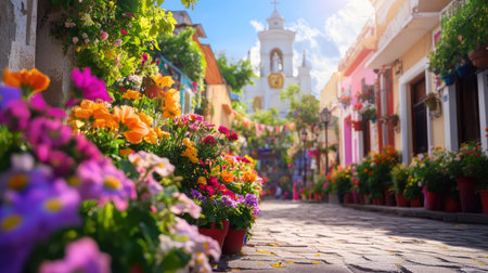 A vibrant pathway lined with colorful flowers in flowerpots, leading through a charming village, showcasing beautiful architecture under a sunny sky.の素材