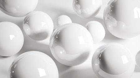This image features a captivating arrangement of glossy white spheres, showcasing reflections and smooth textures on a bright surface, creating an abstract and modern aesthetic.の素材