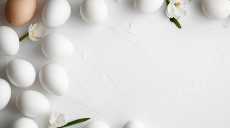 Arrangement of fresh white eggs and delicate flowers on a clean white surface creates a minimalist and elegant presentation for culinary uses.の素材