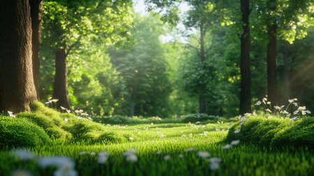 A tranquil forest scene featuring lush green grass, majestic trees, and blooming wildflowers bathed in soft sunlight, creating a serene outdoor atmosphere.の素材