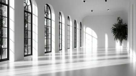 A spacious and bright modern interior featuring large arched windows allowing natural light to flood the room, ideal for various creative projects and aesthetics.の素材