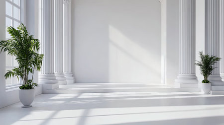 This spacious and bright room features large windows, elegant columns, and green plants. Ideal for various creative projects, it embodies minimalism and tranquility.の素材