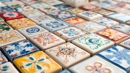 This image showcases an array of colorful hand-painted decorative tiles arranged in a stunning mosaic pattern, perfect for enhancing artistic and cultural design themes.の素材