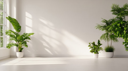 A bright and modern interior showcases various houseplants in a sunlit room, emphasizing tranquility and minimalism with a clean design and vibrant greenery.の素材