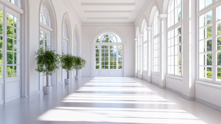 This stunning image captures a bright and spacious room featuring large windows that allow natural light to fill the space, complemented by lush greenery.の素材