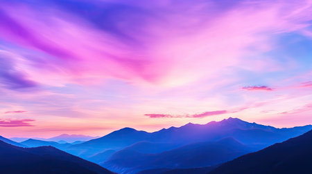 A breathtaking view of twilight over serene mountains, showcasing a vibrant sky filled with rich hues. Perfect for nature and landscape themes.の素材