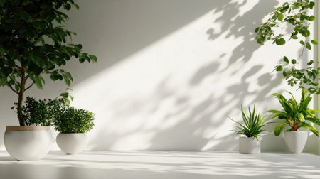 Bright and inviting indoor scene featuring various potted plants casting soft shadows on a white wall, creating a tranquil and modern atmosphere.の素材