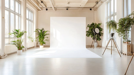 A bright and inviting photography studio featuring a white backdrop, lush plants, and natural lighting, perfect for creating beautiful and professional images.の素材
