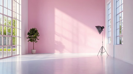 A serene and spacious studio space featuring bright pink walls, a standing light, and a potted plant. The natural light streaming in creates an inviting atmosphere ideal for creativity.の素材