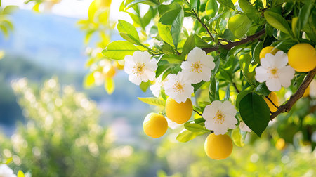 A serene view of a lemon tree showcasing bright yellow lemons and delicate white blossoms, illuminated by warm sunlight against lush green foliage.の素材