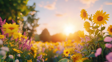 A stunning sunflower and wildflower field illuminated by sunset light, showcasing vibrant colors and natural beauty. Perfect for nature lovers and floral enthusiasts.の素材