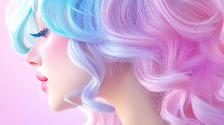 A striking profile image of a young woman showcasing vibrant pastel hair in shades of pink and blue. Perfect for creative beauty projects or fashion themes.の素材