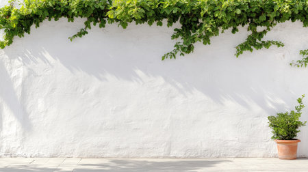 A serene white wall adorned with lush green vines and a potted plant, capturing the essence of natural beauty in a bright and tranquil outdoor setting.の素材