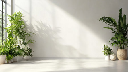 A bright indoor space featuring a variety of lush green plants basking in warm sunlight. The minimalist design enhances tranquility and freshness, perfect for home or office.の素材
