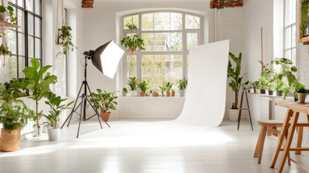 A bright photography studio featuring a clean white backdrop, potted plants, and ample natural light, perfect for creative projects and artistic expression.の素材