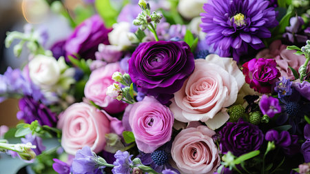 A stunning floral arrangement featuring an array of purple, pink, and white flowers, perfect for celebrations and events, adding beauty to any space.の素材