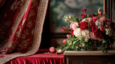 A stunning display of vibrant flowers in an elegant arrangement, beautifully contrasted by rich textiles. Ideal for celebrating love and luxury.の素材