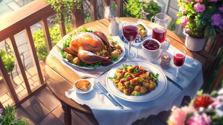 A beautifully arranged outdoor dining scene featuring a roast turkey, colorful side dishes, and festive drinks. Perfect for autumn celebrations.の素材