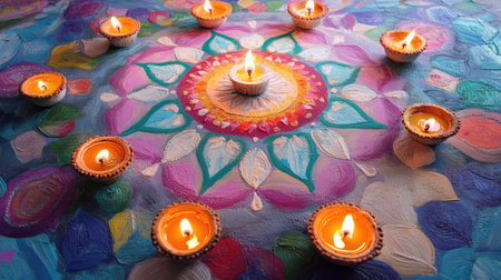 A stunning colorful rangoli design showcases traditional diyas with flickering flames, perfect for festive celebrations. This artwork brings warmth and joy.の素材