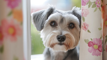A small, fluffy dog peers curiously through a window, surrounded by colorful floral curtains. The scene evokes warmth, comfort, and companionship in a cozy home setting.の素材