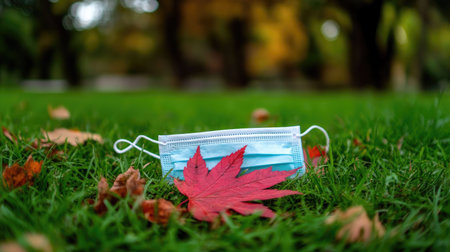 A disposable face mask lies on the green grass, surrounded by vibrant autumn leaves. This scene captures the intersection of nature and health awareness during the fall season.の素材